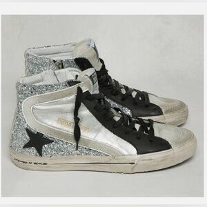 Golden Goose Slide Mid Sneaker Silver Glitter and Black sz 38